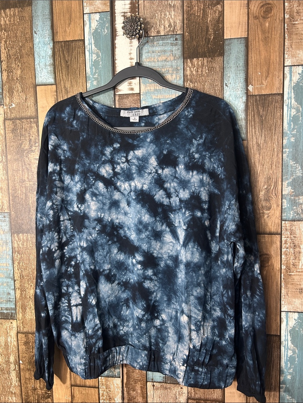 Ruff Hewn Navy and White Tie-Dye Crewneck Sweater with Chain Trim